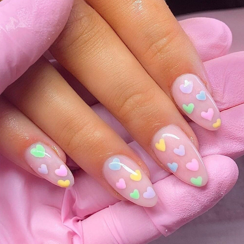 Sweetheart Dreams Long Almond Pastel Pink Press On Nail Set with Colorful Heart Decor