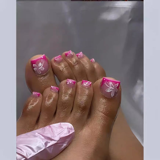 Tropical Flair Short Square Pink Press On Toenail Set with White Butterfly Designs