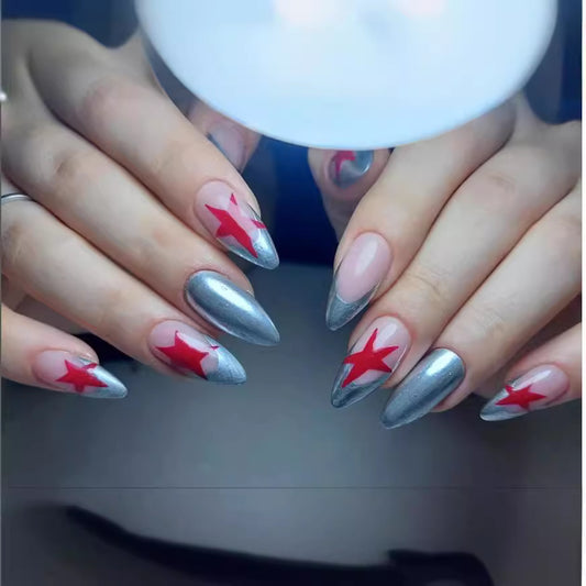 Stargazer Chic Long Stiletto Silver with Red Stars Press-On Nail Set