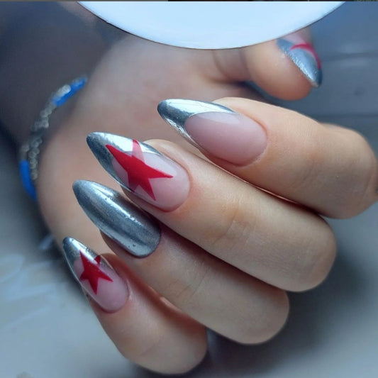 Stargazer Chic Long Stiletto Silver and Beige Star Accented Press On Nail Set