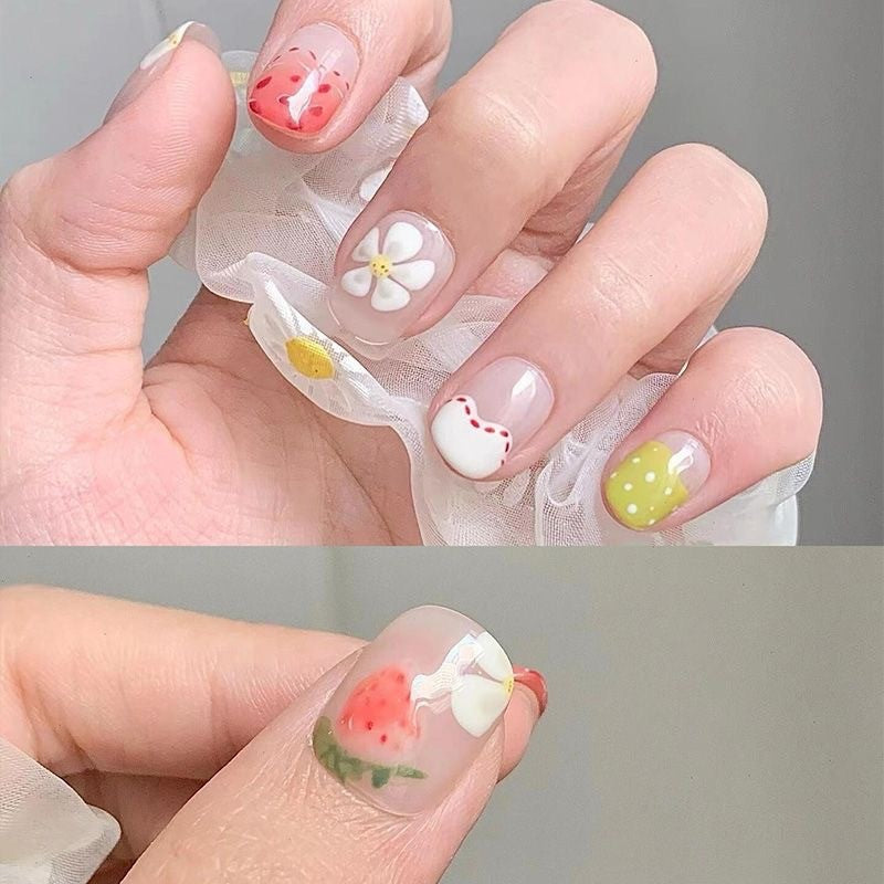 Springtime Floral Delight Medium Square Press On Nail Set Multicolor with Hand-Painted Strawberry and Flower Designs