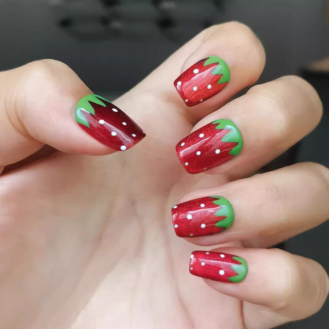 Strawberry Delight Medium Square Red and Green Press On Nail Set with Fun Polka Dots and Glossy Finish