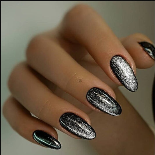 Glamorous Galaxy Long Almond Black Glitter Press On Nail Set