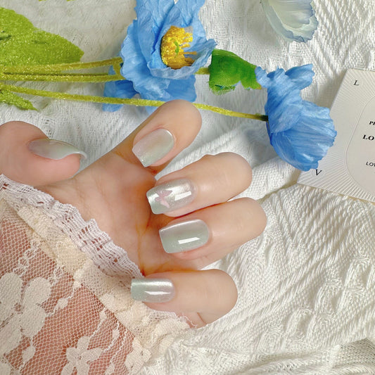 Spring Elegance Long Square Mint Green Press On Nails with Shimmer Accent