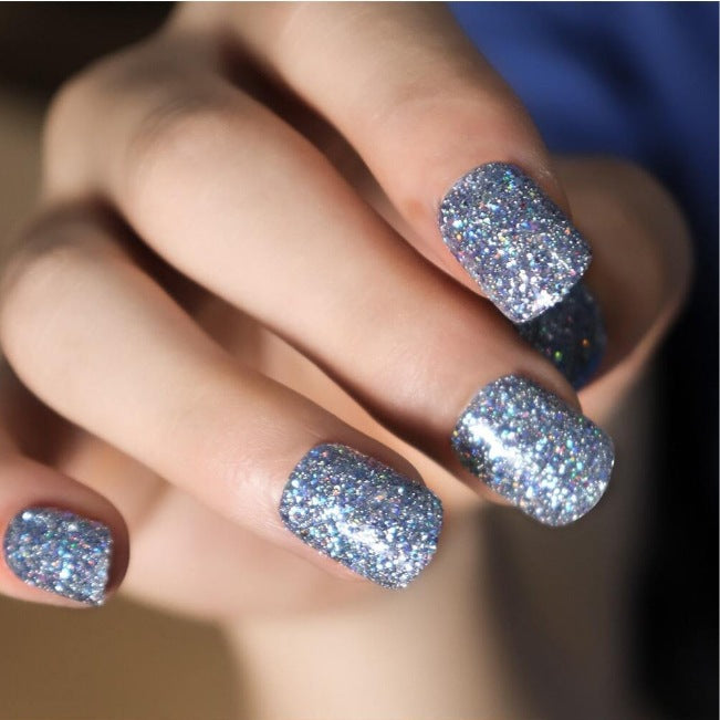 Starry Night Medium Square Sparkling Blue Glitter Press On Nail Set for Stellar Manicures