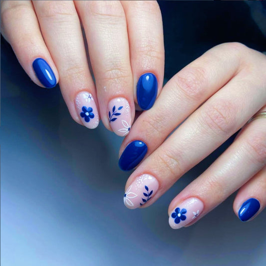 Spring Blossom Collection Medium Length Oval Blue Press On Nails with Floral Accents Perfect for Everyday Elegance