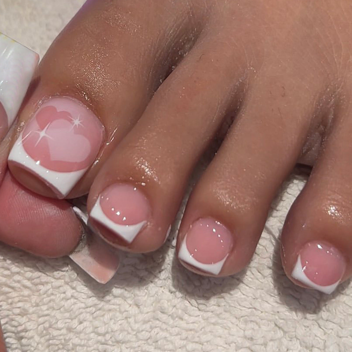 Valentine's Day Romance Short Square Pink Press On Nails with White Heart Accents and Glossy Finish