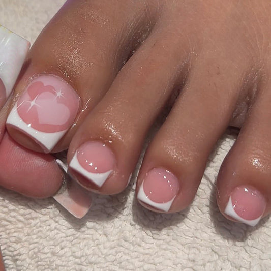 Valentine's Day Romance Short Square Pink Press On Nails with White Heart Accents and Glossy Finish