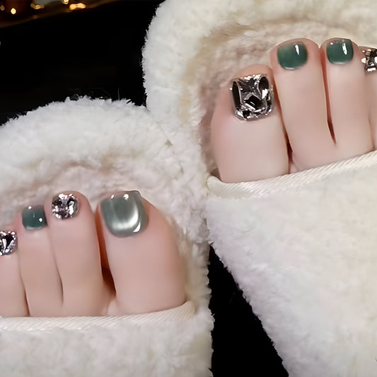 Winter Elegance Short Square Grey Press On Toe Nail Set with Silver Gem Accents