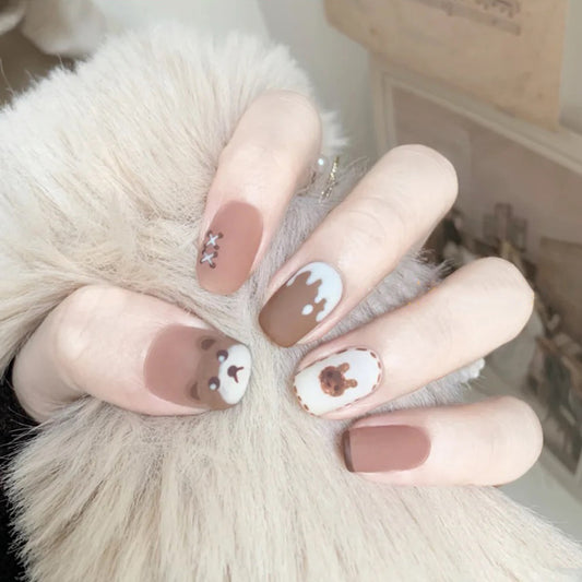 Bunny Run Short Square Beige Stitched Press On Nails