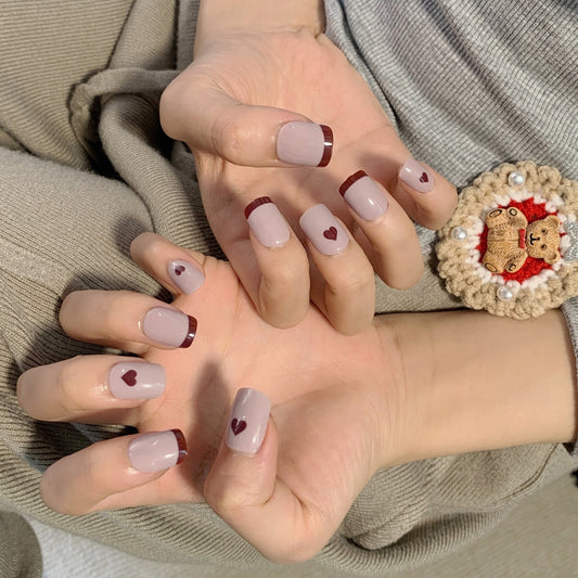 Cute Heart Theme Medium Square Soft Pink and Burgundy French Tip Press On Nail Set with Adorable Heart Accents