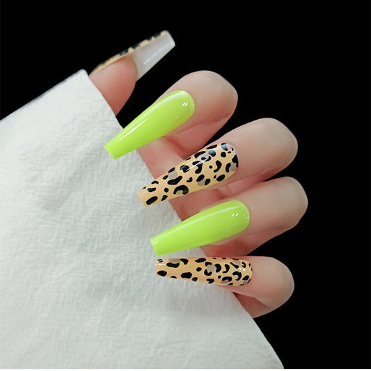 Wild Safari Chic Long Coffin Press On Nails Neon Green and Leopard Print Design for Bold Style Statement