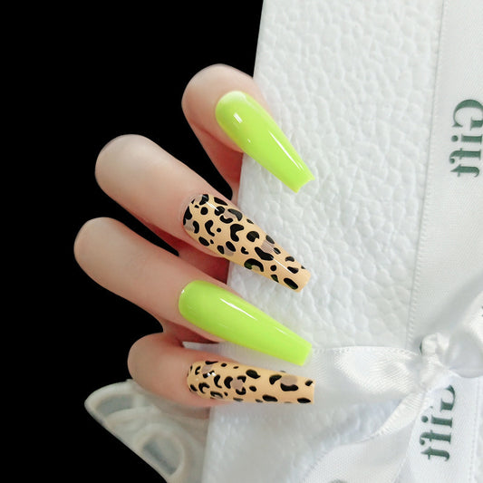 Wild Jungle Vibes Long Coffin Press On Nail Set Neon Green and Leopard Print with Eye-Catching Designs