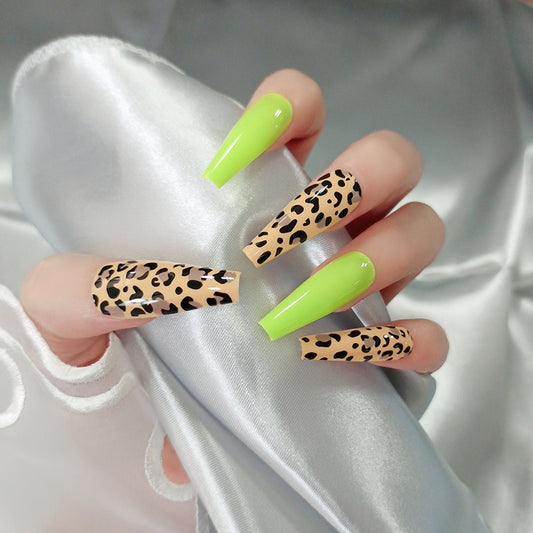 Wild Safari Long Coffin Green and Beige Leopard Print Press On Nail Set