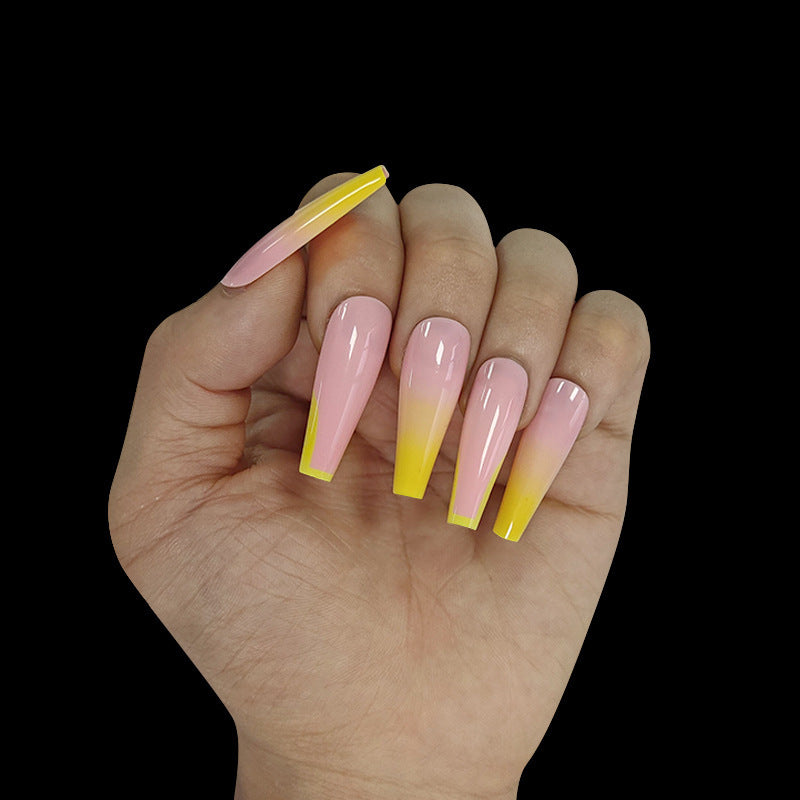 Tropical Sunset Long Coffin Pink and Yellow Ombre Press On Nail Set with Glossy Finish