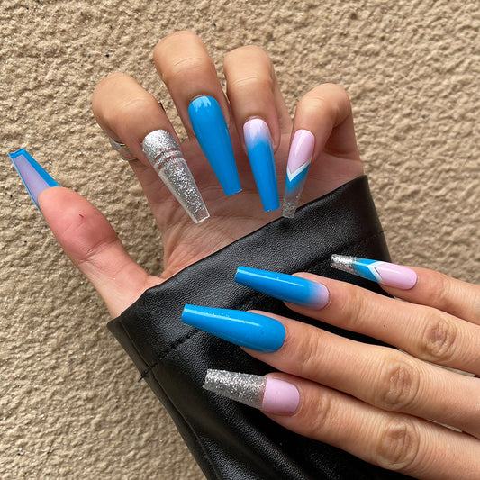 Tropical Paradise Long Coffin Press On Nail Set Bright Blue Pink and Silver with Glitter Gradient Design