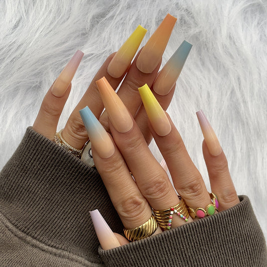 Sunset Dream Ombre Long Coffin Gradient Press On Nail Set in Pastel Hues with Unique Color Transition Feature