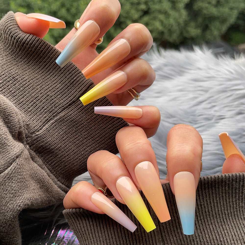 Sunset Dream Ombre Long Coffin Press On Nail Set Multi-Gradient Pastel Colors with Glossy Finish