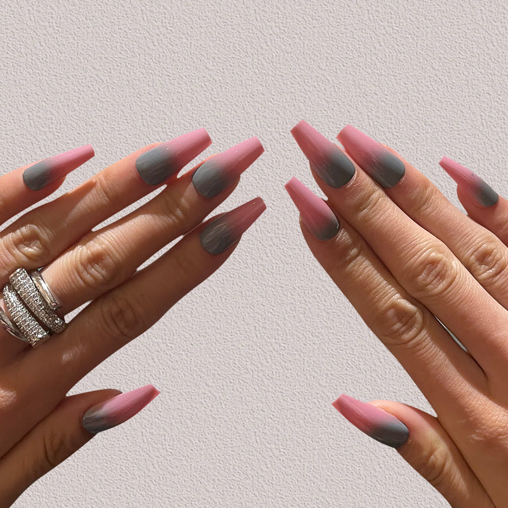 Chic Ombre Elegance Extra Long Coffin Press On Nails Pink and Gray Gradient with Matte Finish