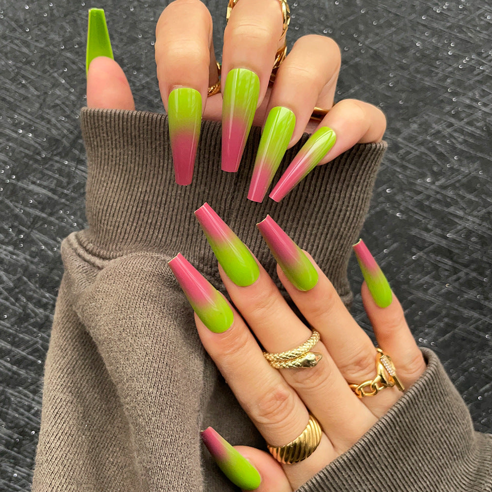 Tropical Sunset Long Coffin Press On Nail Set Green and Pink Ombre Design with High Gloss Finish