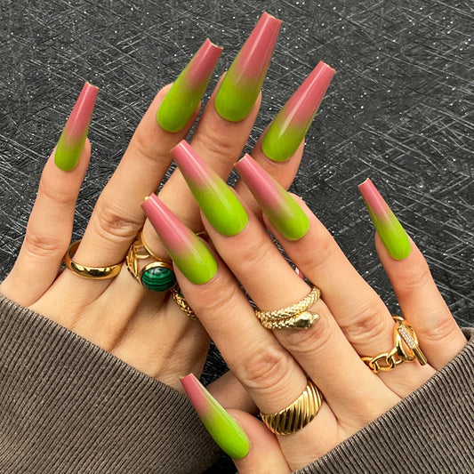 Tropical Vibes Long Coffin Gradient Pink and Green Press On Nail Set with Unique Ombre Design