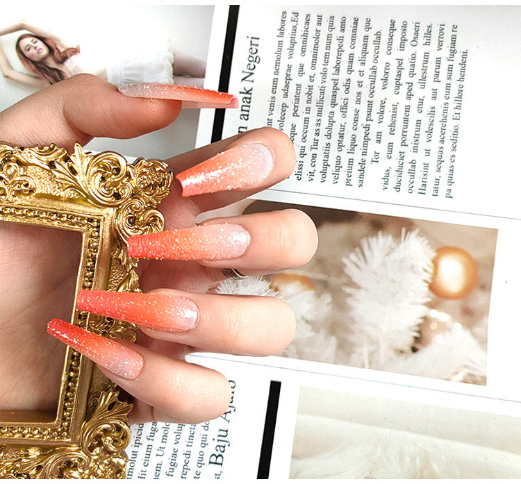 Sunkissed Dreamy Long Coffin Ombre Orange Press On Nail Set with Sparkling Finish