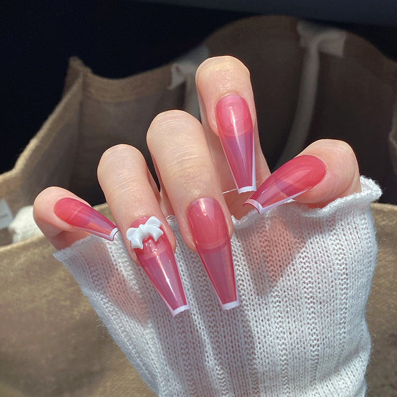 Chic Romance Extra Long Coffin Transparent Coral Nails with Cute Bow Accent