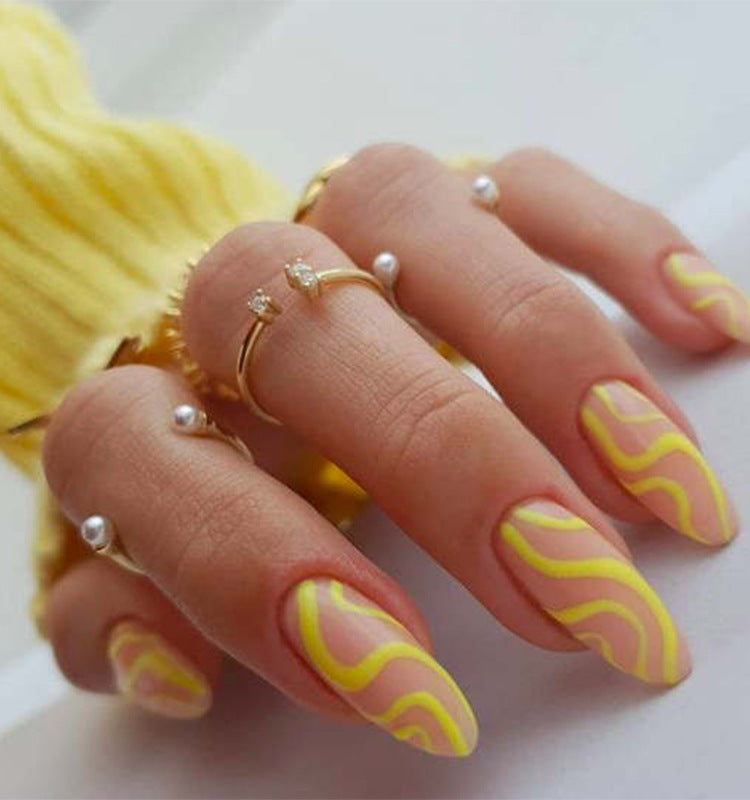 Sunshine Waves Long Almond Yellow Ombre Press On Nail Set with Swirl Design