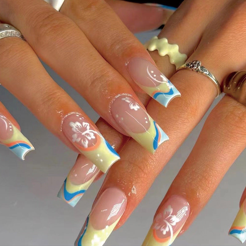 Tropical Paradise Long Square Press On Nail Set Yellow Blue and White with Floral Designs