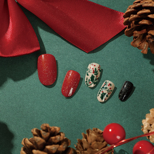 Festive Sparkle Long Oval Red Green and Black Press On Nail Set with Glitter and Holiday Design