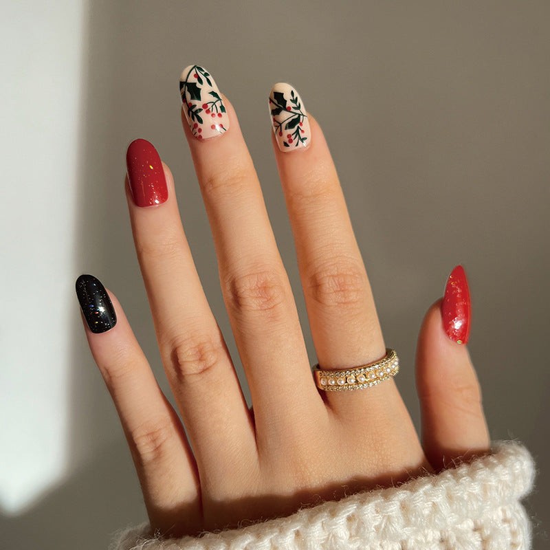 Festive Floral Long Oval Red Black and Cream Press On Nail Set with Glitter Accents