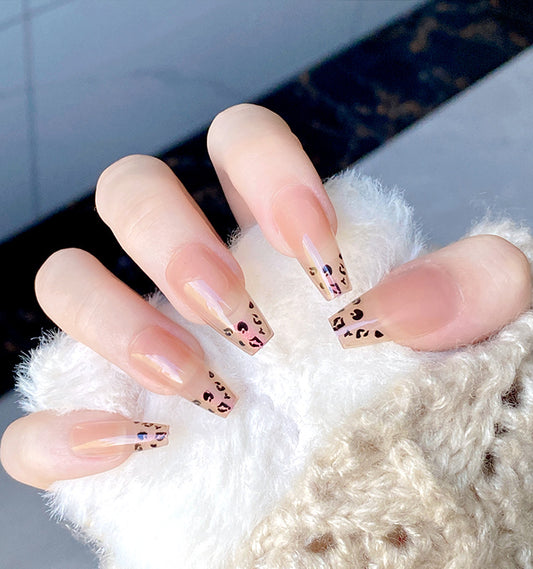 Wild Safari Glam Long Coffin Beige Leopard Print Press On Nail Set