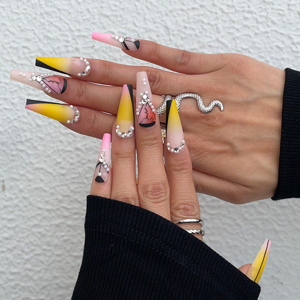 Vibrant Sunset Long Coffin Press On Nail Set in Pink Yellow and Clear with Unique Abstract Art and Pearl Accents