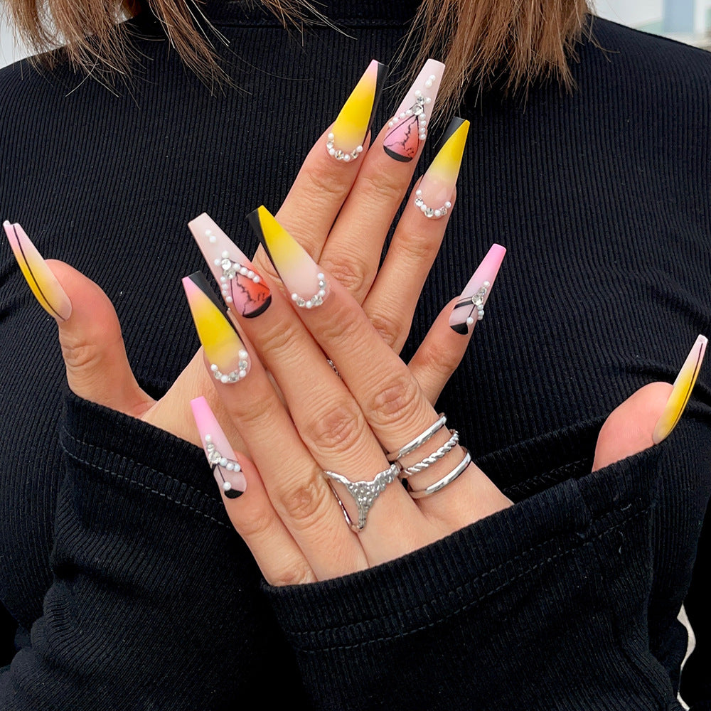 Tropical Sunset Long Coffin Press On Nail Set Yellow Pink Ombre with Rhinestone Accents and Unique Art Design