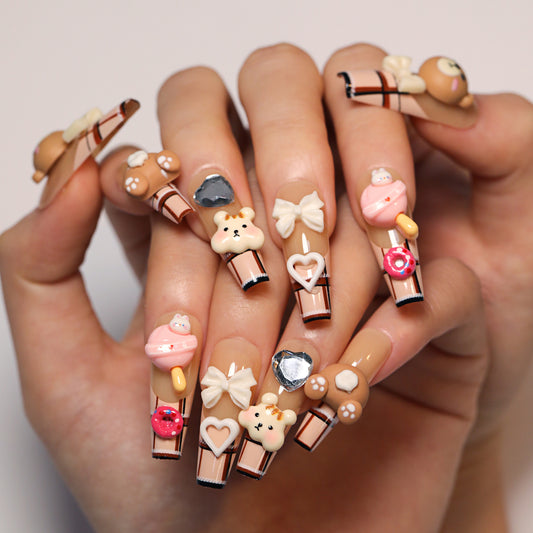 Charming Dessert Delight Long Coffin Beige Press On Nail Set with Cute Decorative Characters and Bows