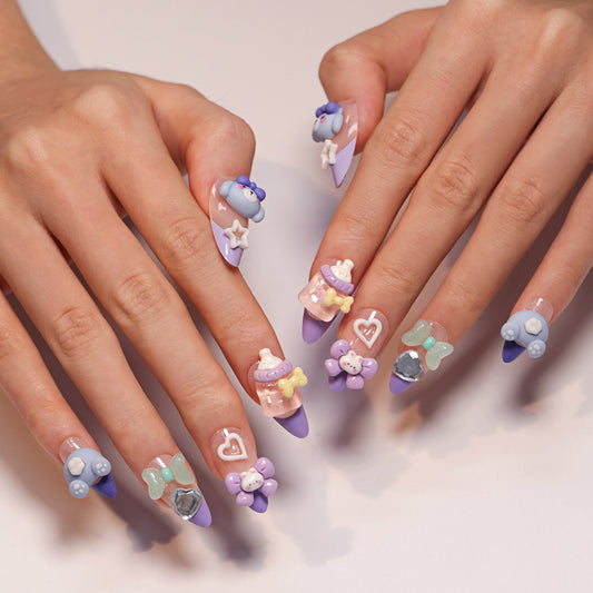 Fairy Garden Medium Almond Lavender Press-On Nail Set Featuring Charming Bow and Gem Adornments