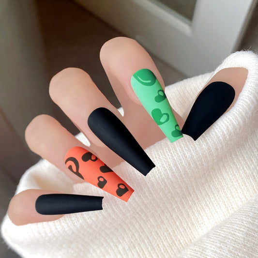 Wild Style Extra Long Coffin Matte Black Orange and Green Press On Nail Set with Heart and Leopard Print Designs