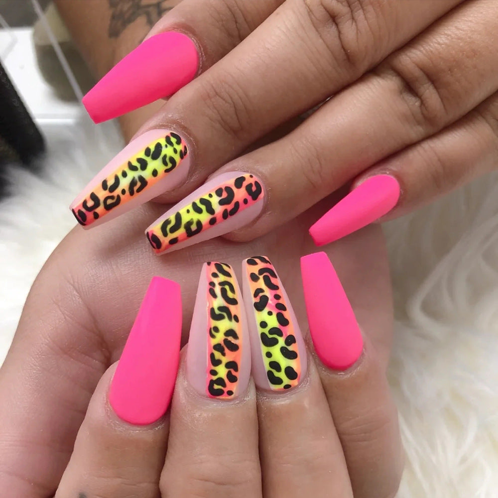 Wild Safari Colorful Long Coffin Press On Nail Set with Neon Leopard Print Design