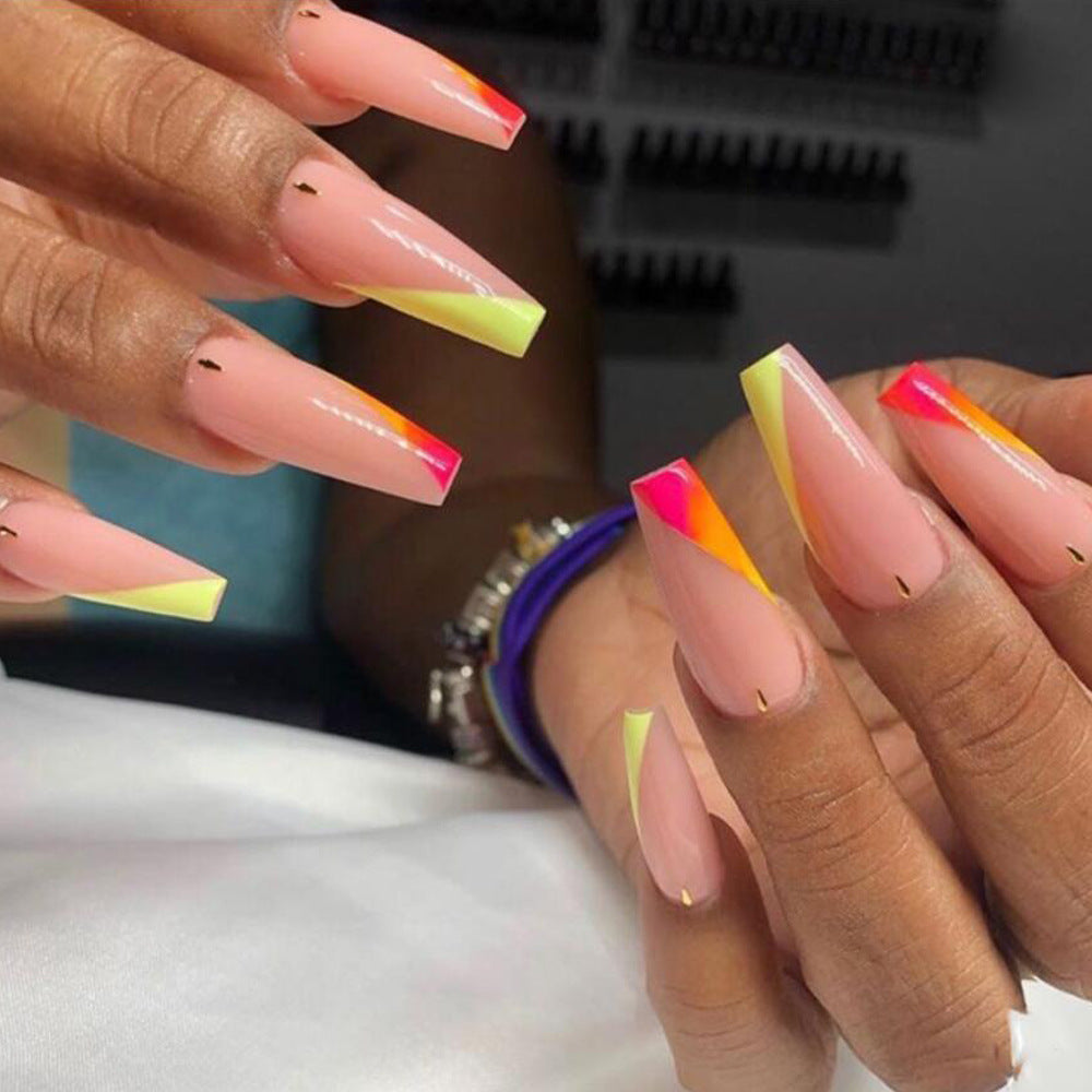 Tropical Sunrise Long Coffin Neon Gradient Press On Nail Set with Gold Accent Tips