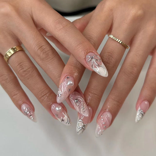 Enchanted Garden Long Almond Pink Ombre Press On Nails with 3D Floral Art Design