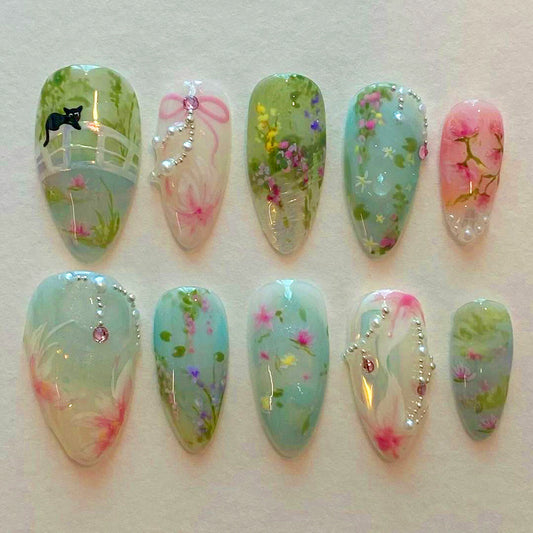 Enchanted Garden Long Almond Pastel Press On Nail Set with Floral Design and Gemstone Accents