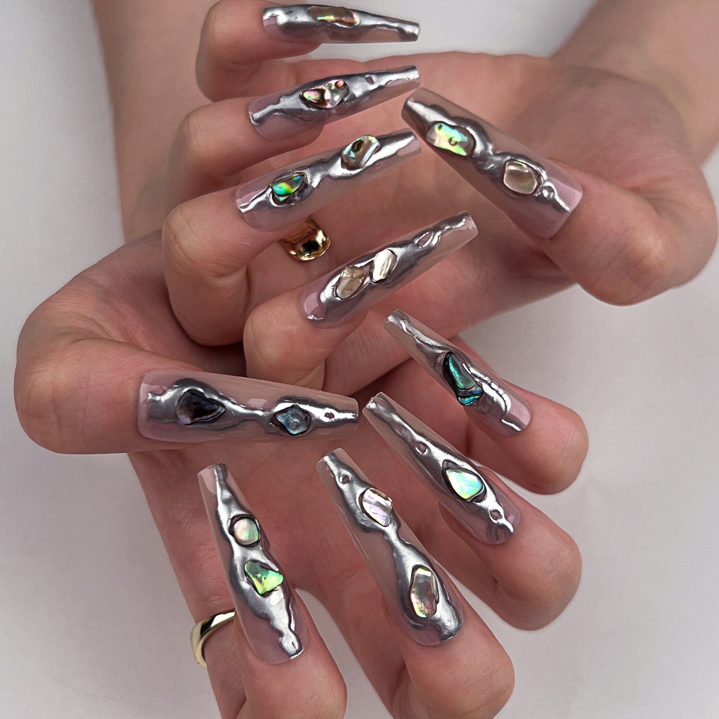 Galactic Glamour Long Coffin Silver Press On Nail Set with Iridescent Accents