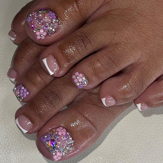 Charming Floral Fantasy Short Square Pink Nail Set with Embellished Decorations