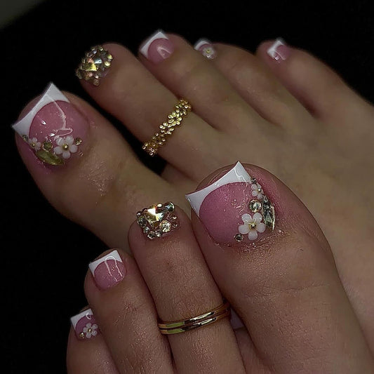 Spring Blossom Theme Short Square Pink Press On Toenails Set with Floral Embellishments and Glitter Accents