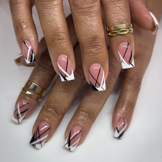 Geometric Elegance Medium Square Pink and Black Artistic Design Press On Nail Set