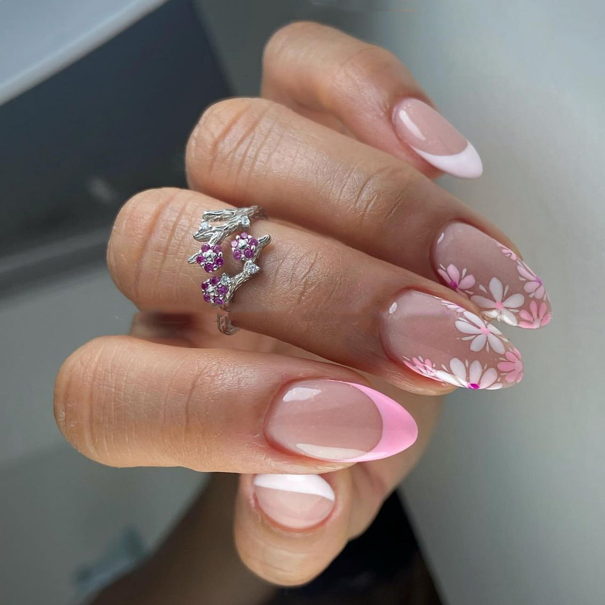 Spring Blossom Collection Medium Almond-Shaped Pink Ombre Press On Nail Set with Floral Accent Design