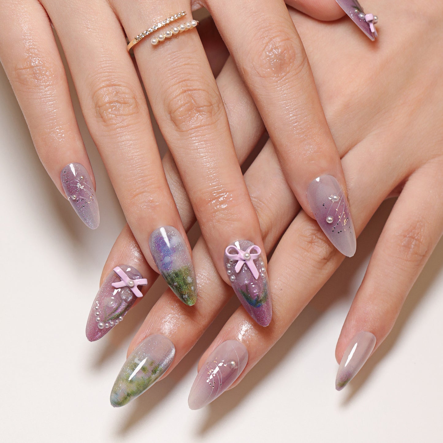 Pastel Dreamscape Long Almond Lavender Glittery Press On Nail Set with 3D Bow and Pearls