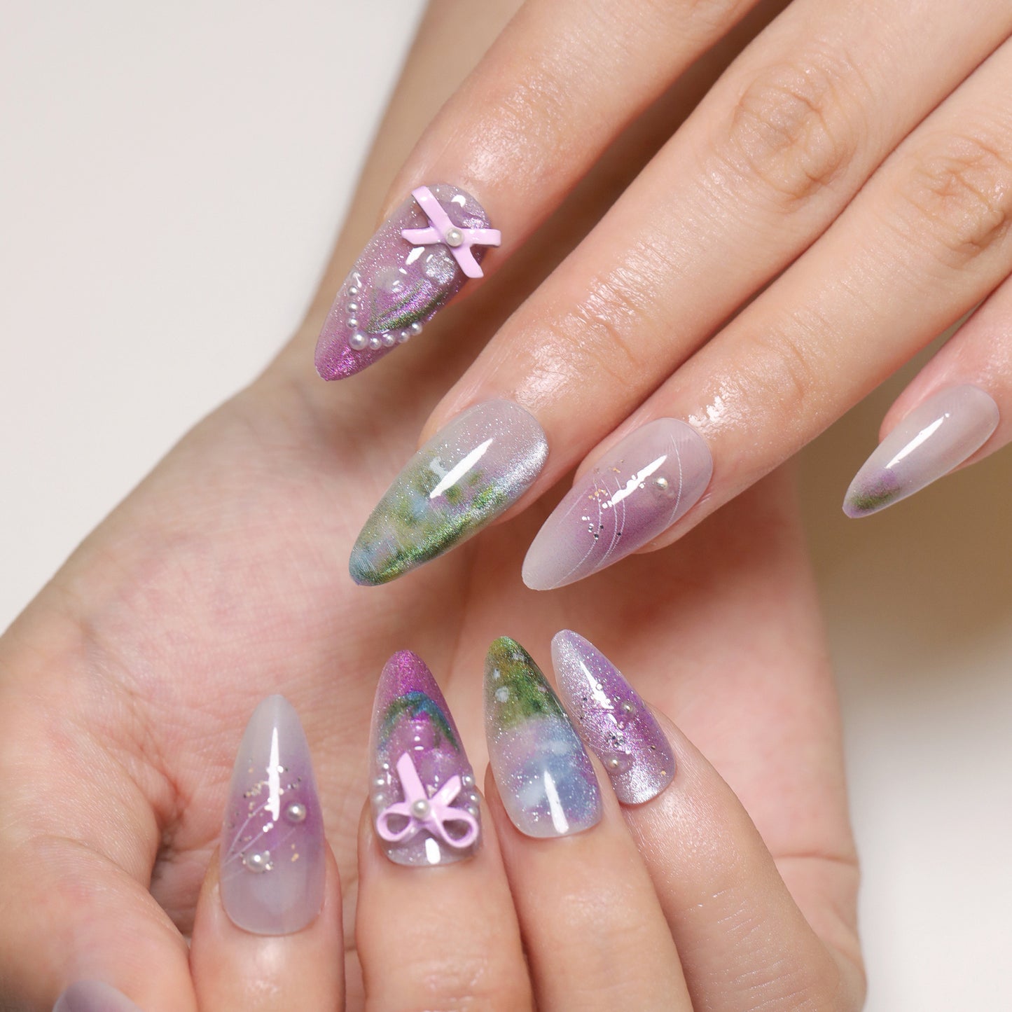 Dreamy Garden Long Almond Press On Nail Set in Purple Green Clear with Charming Bow and Pearl Accents