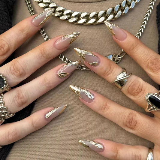 Glamorous Goddess Medium Stiletto Beige Press On Nail Set with Gold Accents