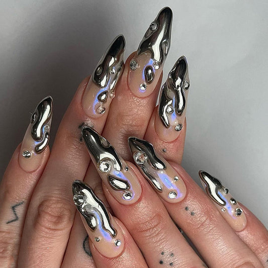 Glamorous Fantasy Long Stiletto Silver Iridescent Press On Nail Set with Rhinestone Embellishments